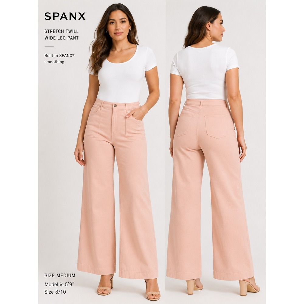 Spanx Stretch Twill Wide Leg Pant Peach Pink High Rise Smoothing Trousers Medium